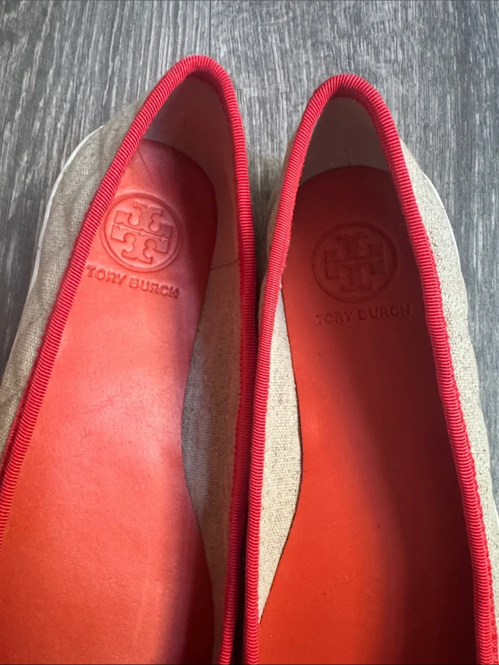 Tory Burch Canvas Ballet Flat with Red Patent Toe
